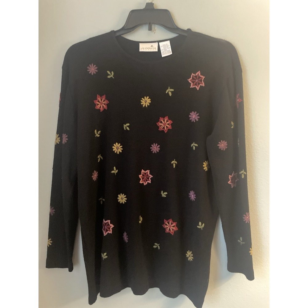 Vintage Liz‎ Claiborne Black Floral Embroidered Sweater  Wool blend Large